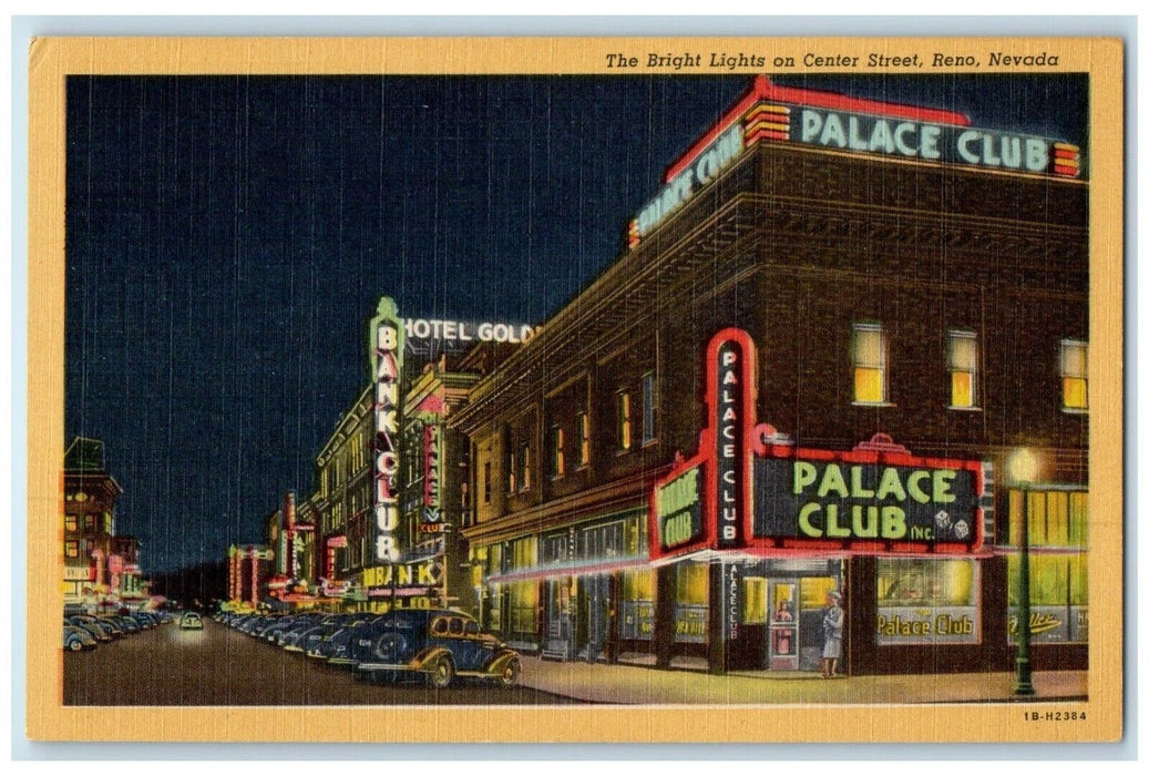 c1940 Night Scene Bright Lights Center Street Buildings Reno Nevada NV Postcard