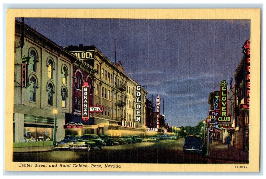 c1940 Night Center Street Hotel Golden Building Reno Nevada NV Unposted Postcard