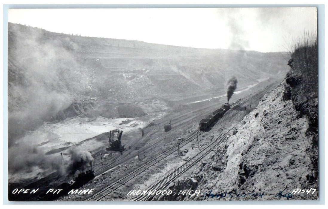 c1940's Open Pit Mine Railroad Train Ironwood Michigan MI RPPC Photo Postcard