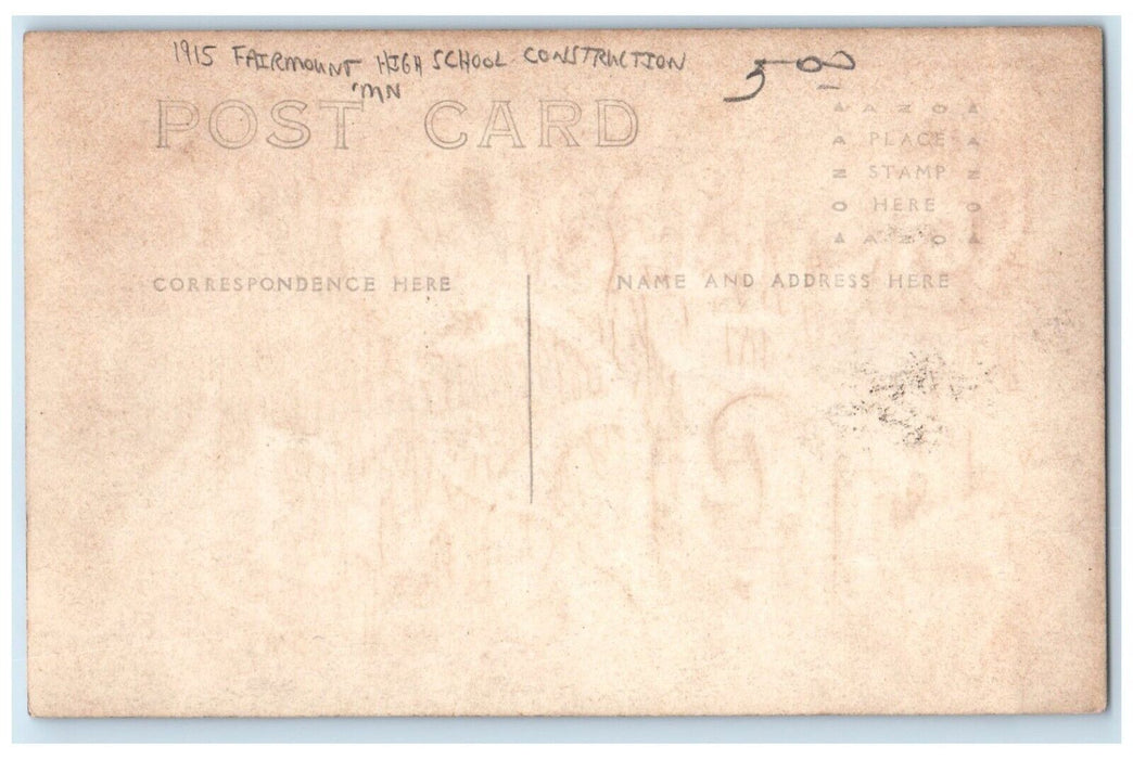 1915 Fairmont High School Building Construction Minnesota MN RPPC Photo Postcard