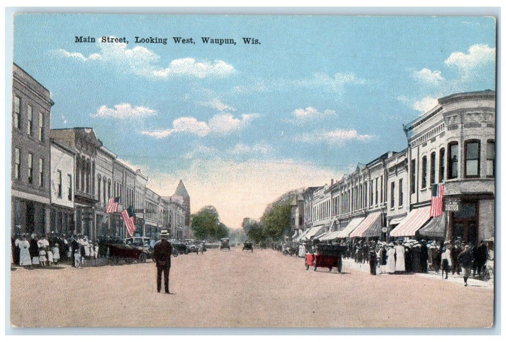 c1910 Main Street Looking West Exterior Building Road Waupun Wisconsin Postcard