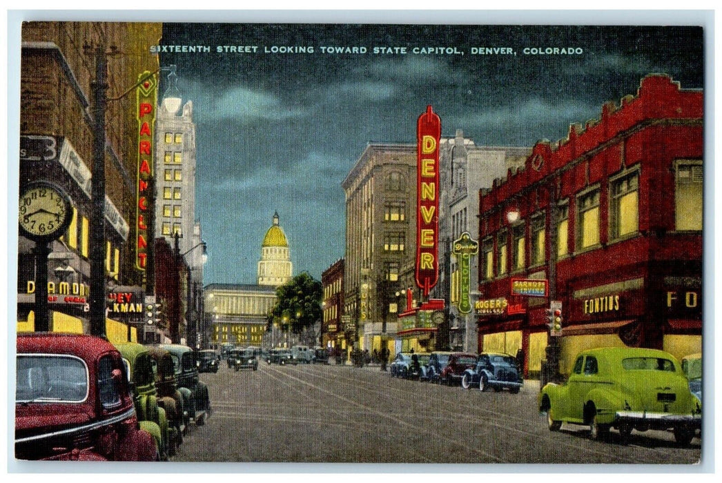 c1940 Sixteenth Street Looking Toward State Capitol Denver Colorado CO Postcard