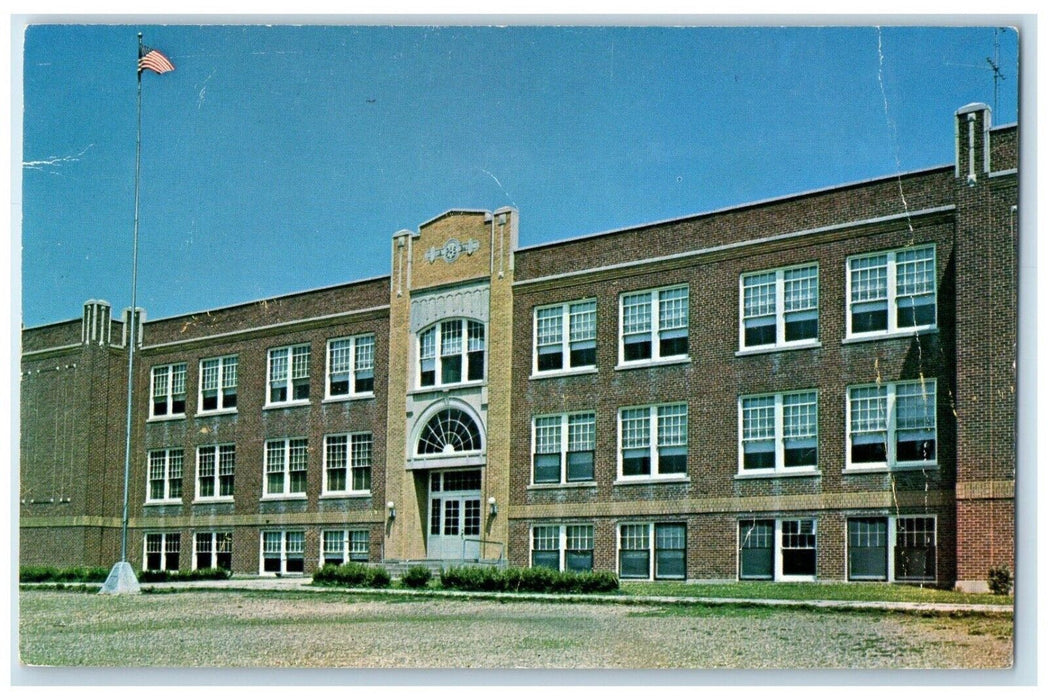 c1950's High School Building Campus Flag Albany Missouri MO Vintage Postcard