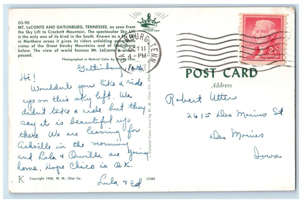 1957 Mt. LeConte And Gatlinburg Tennessee TN, Scene From Sky Lift Postcard