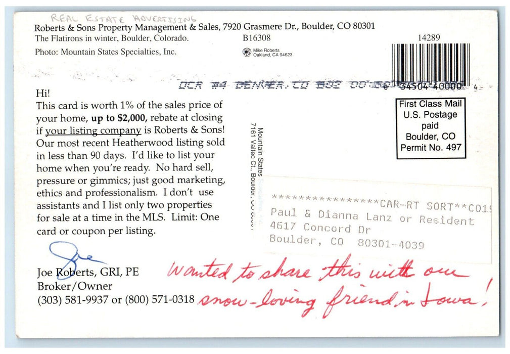 Mountain View Winter Boulder Colorado CO, Real Estate Advertising Postcard