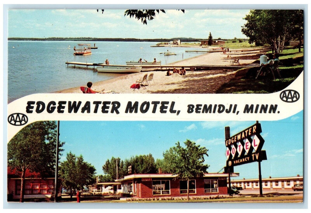 c1960's Edgewater Motel Bemidji Minnesota MN Dual View Banner Vintage Postcard