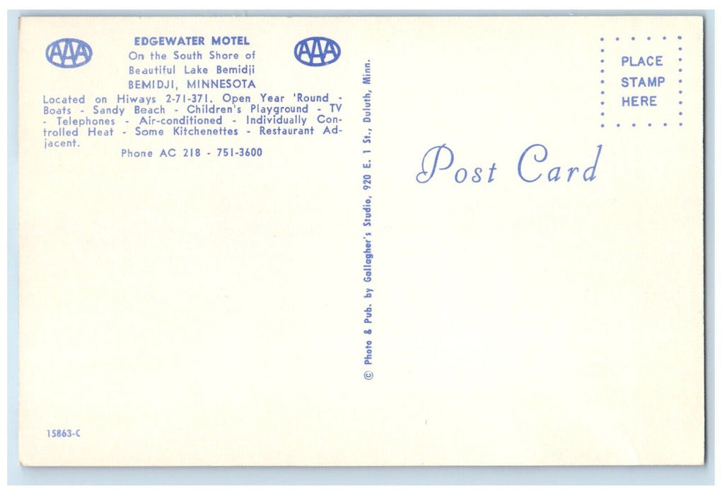 c1960's Edgewater Motel Bemidji Minnesota MN Dual View Banner Vintage Postcard