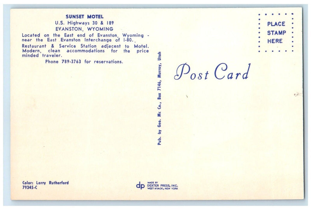 c1950's Sunset Motel Roadside Evanston Wyoming WY Unposted Vintage Postcard