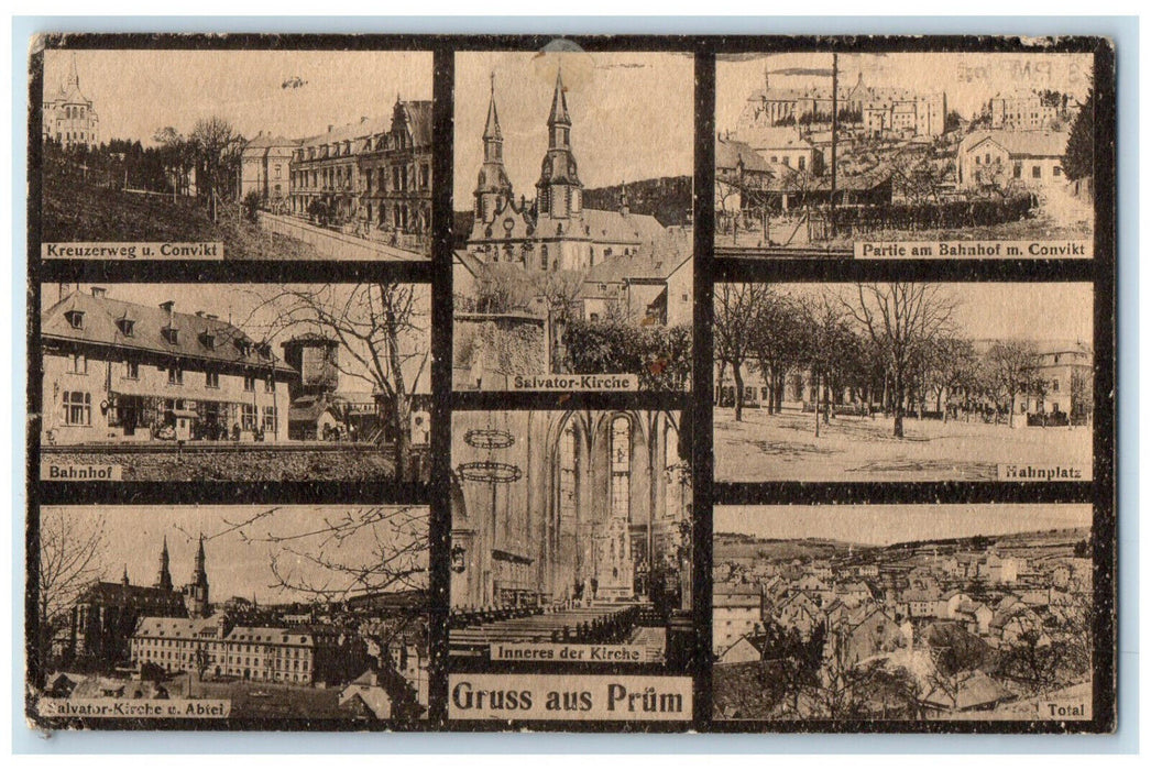 1919 Greetings from Prum Westeifel Germany Church Buildings Multiview Postcard