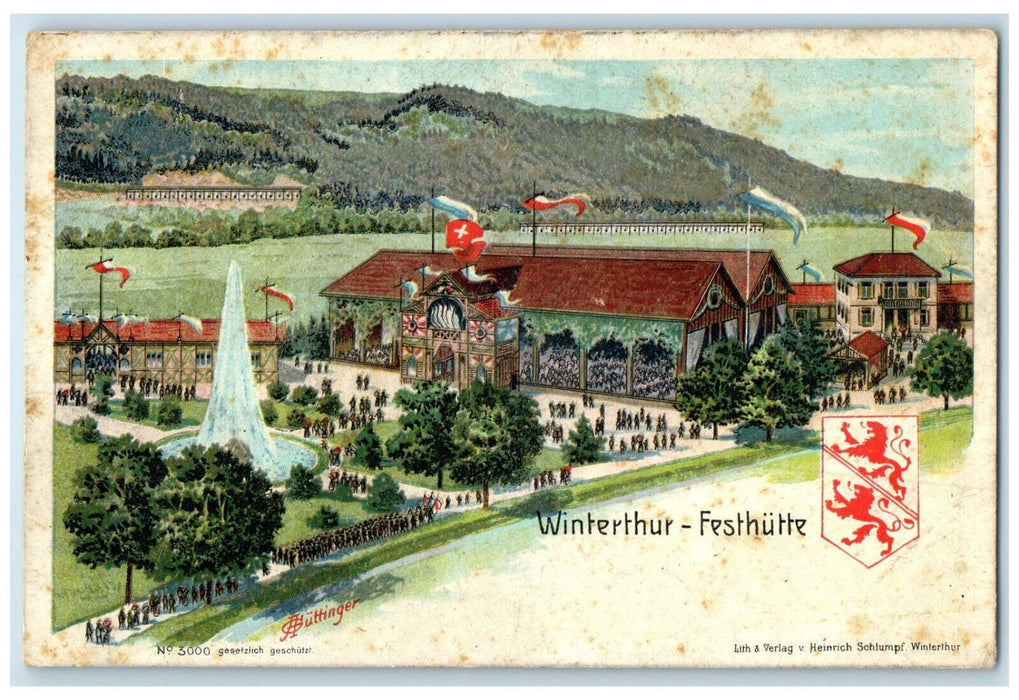 c1910 Winterthur Festival Hut Flag Logo Winterthur Switzerland Antique Postcard