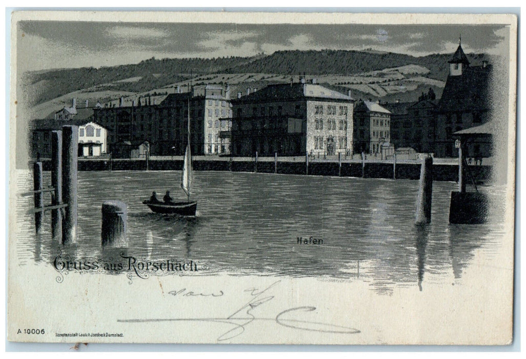 1901 Harbour Greetings from Rorschach St. Gallen Switzerland Antique Postcard