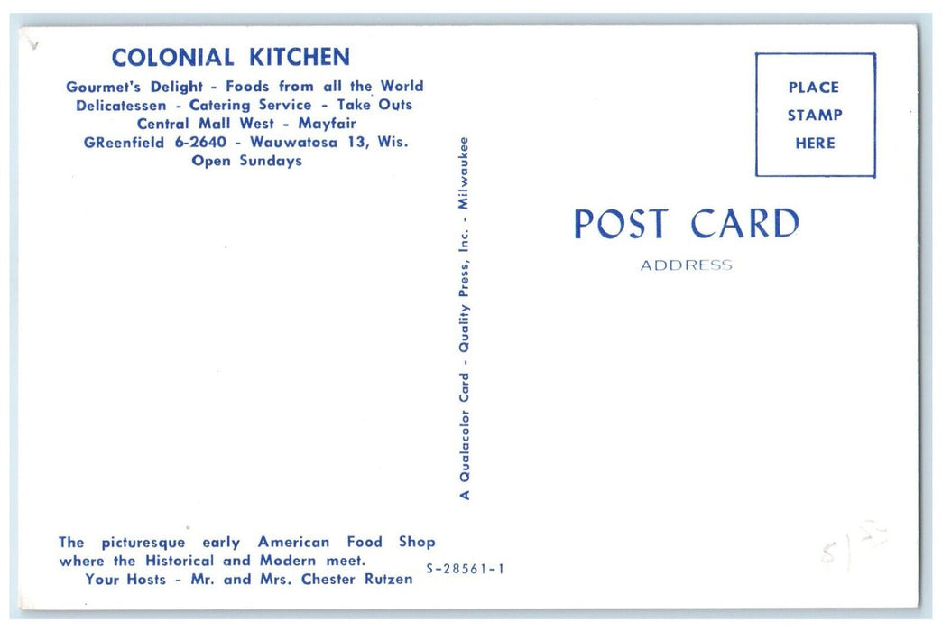 c1960 Colonial Kitchen Gourmet Delight Central Mall Wauwatosa Wisconsin Postcard