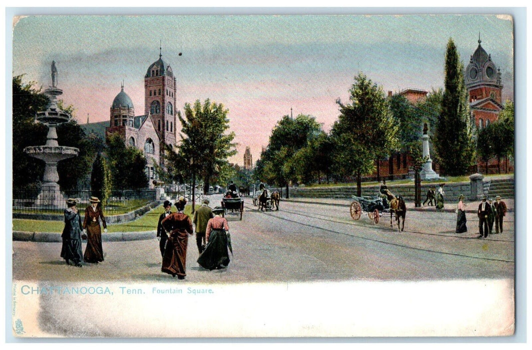 c1905 Scene Fountain Square Horse Carriage Street Chattanooga Tennessee Postcard