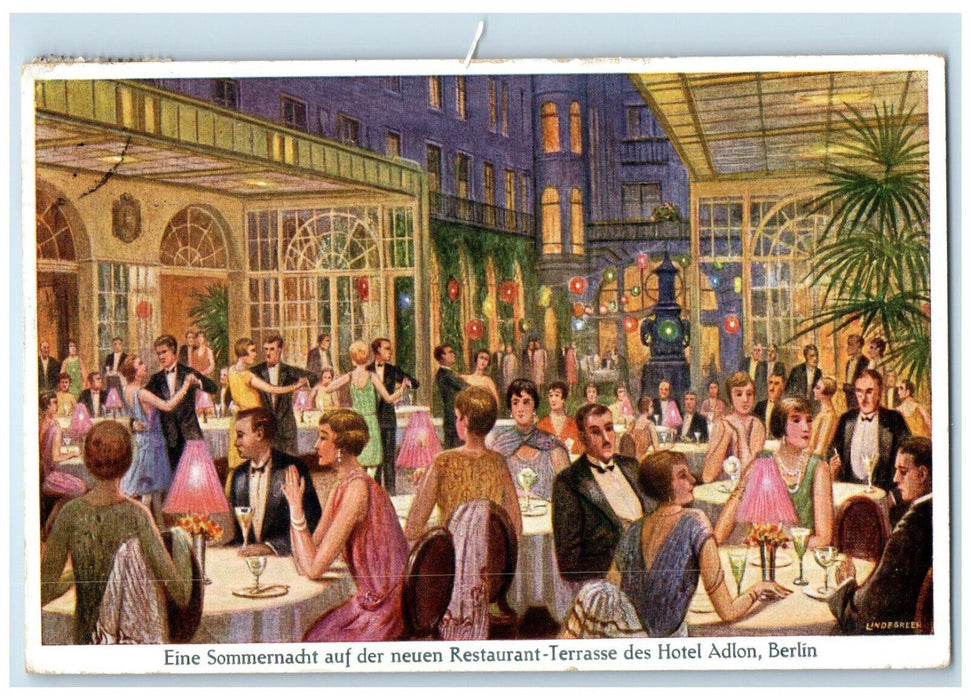 1928 Summer Night on New Restaurant Hotel Adlon Berlin Germany Postcard