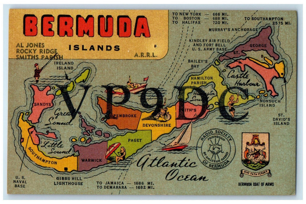 c1950's VP9DC Map of Bermuda Islands Al Jones Rocky Ridge Ham Radio Postcard
