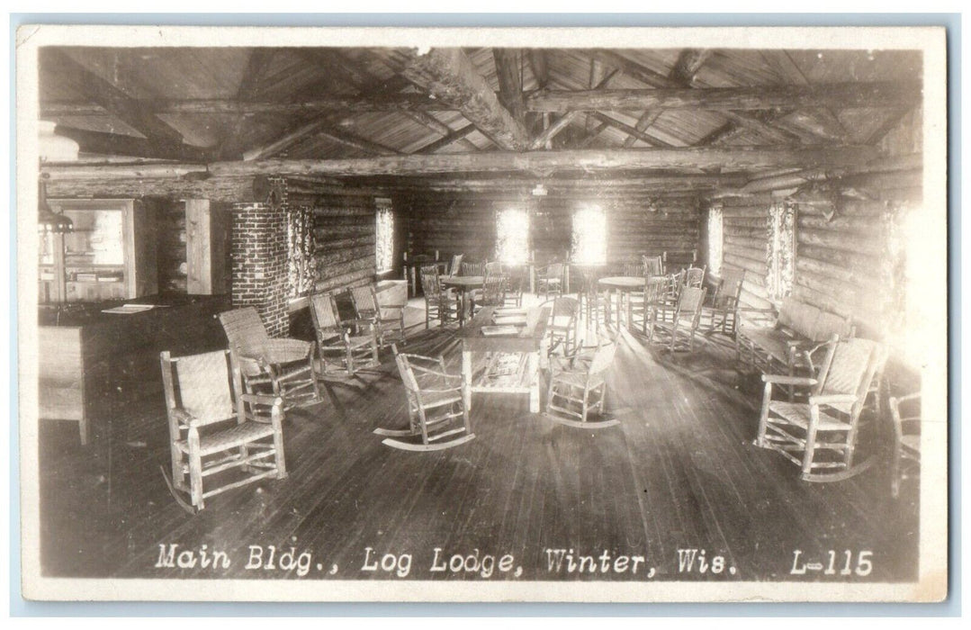 Main Building Log Lodge Rocking Chair Winter Wisconsin WI RPPC Photo Postcard