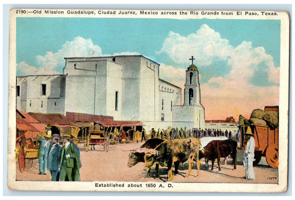 1930 Bull Carriage Old Mission Guadalupe Ciudad Juarez Mexico Postcard