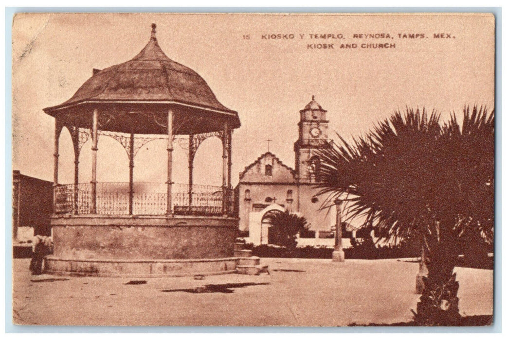 1946 Kiosko and Church Reynosa Tamaulipas Mexico Vintage Posted Postcard