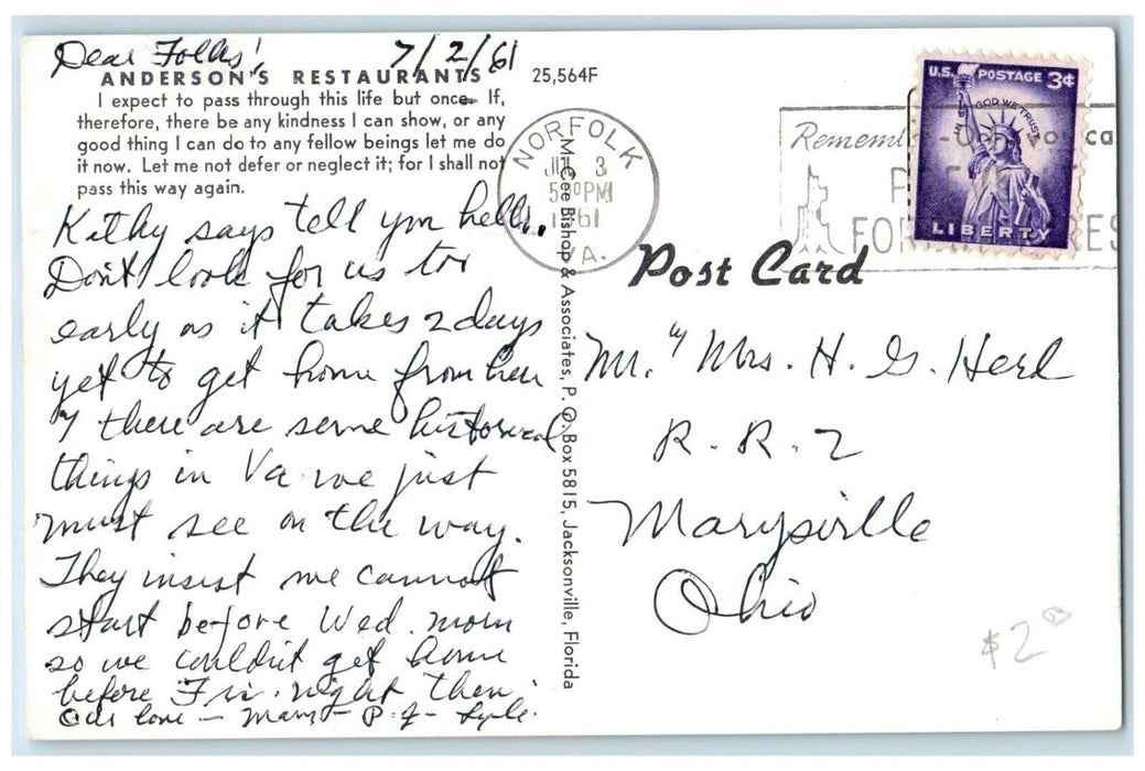 1961 Anderson's Restaurant North Winter Park Florida FL Norfolk VA Postcard
