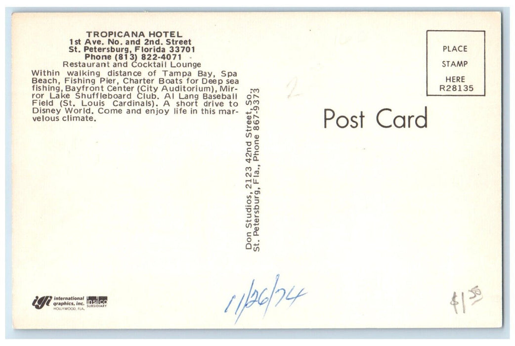 1974 Tropicana Hotel Building Cars Store St. Petersburg Florida FL Postcard