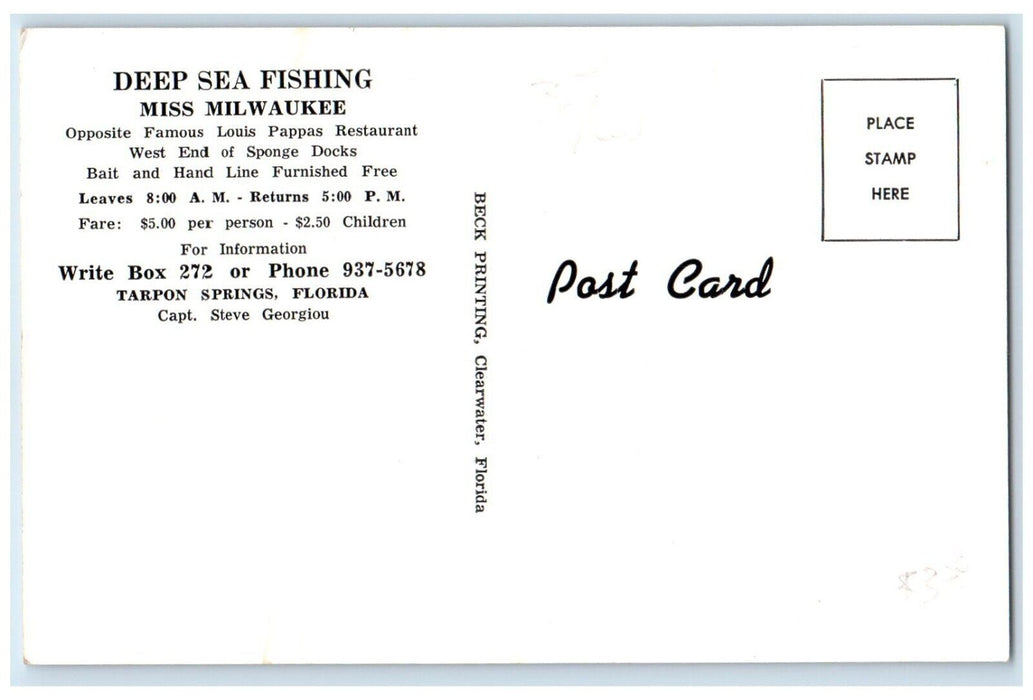Deep Sea Fishing Daily Boat Miss Milwaukee Tarpon Springs Florida FL Postcard