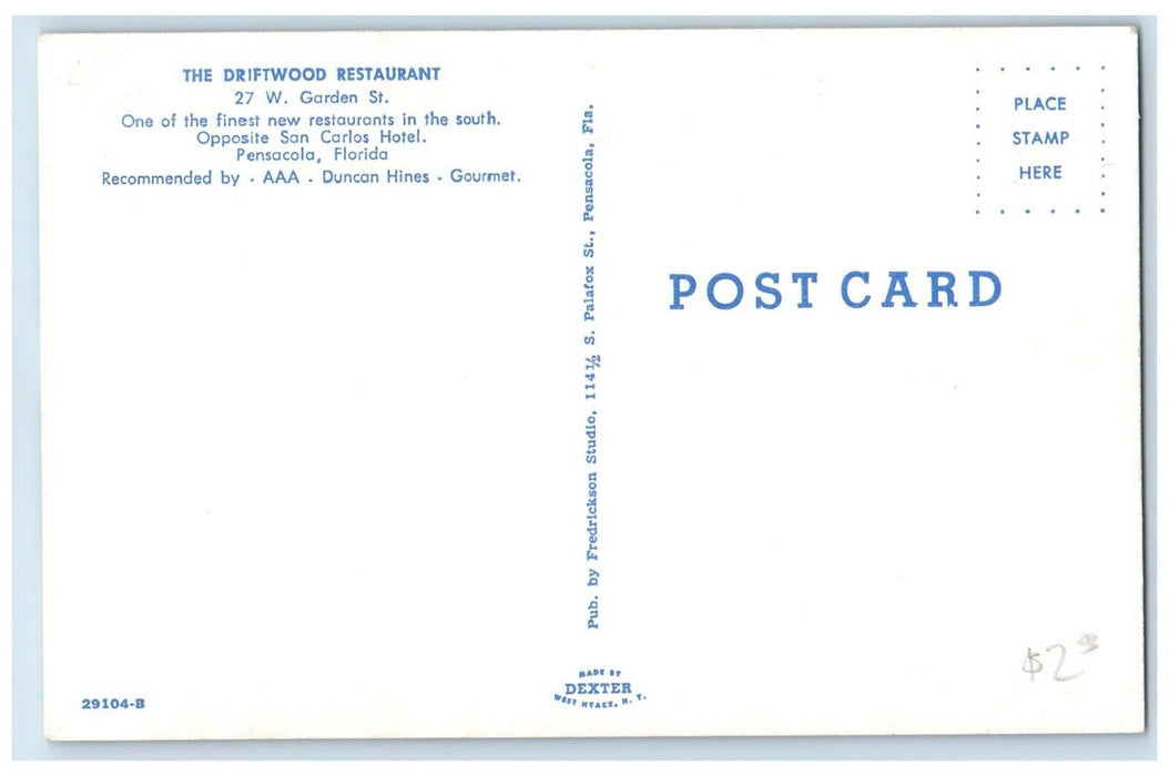 c1950's The Driftwood Restaurant Dining Room Pensacola Florida FL Postcard