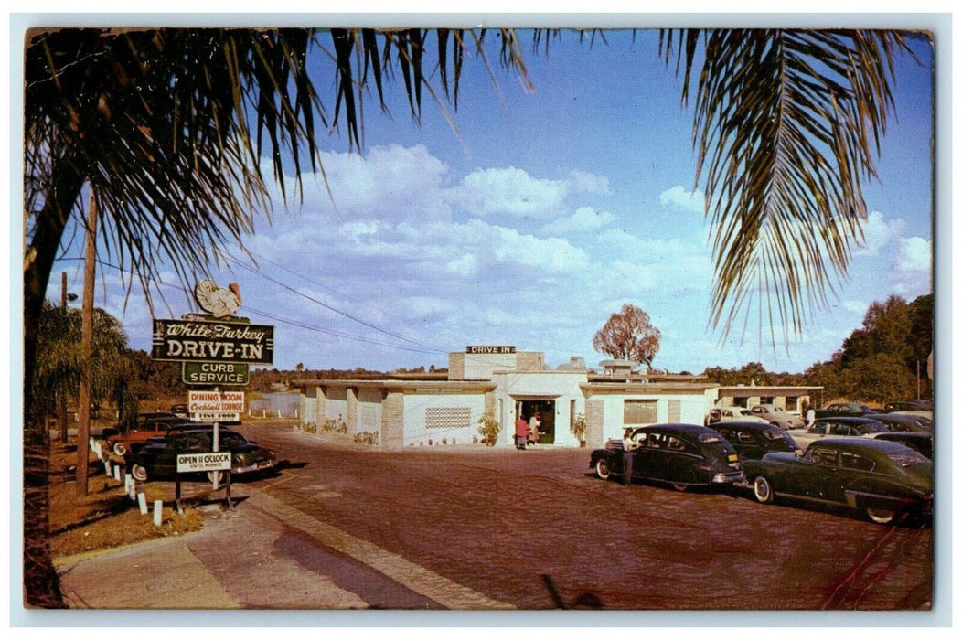 1957 White Turkey Drive In Sign Cars Restaurant Orlando Florida FL Postcard