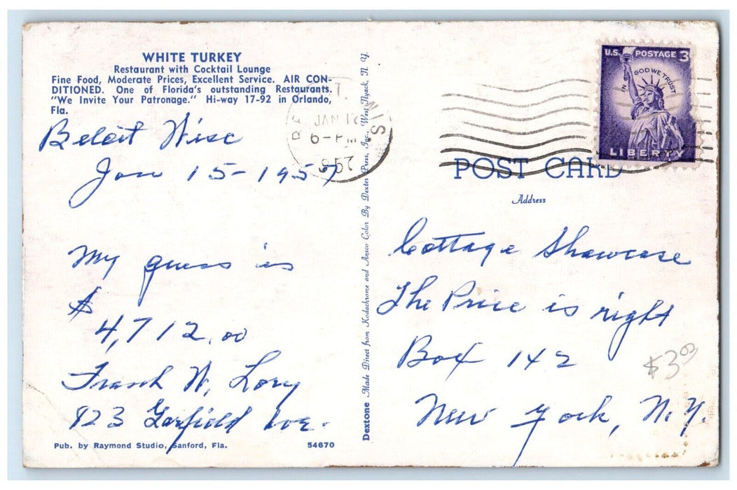 1957 White Turkey Drive In Sign Cars Restaurant Orlando Florida FL Postcard