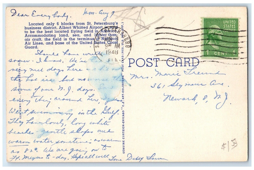 1948 Bird's Eye View Of St. Petersburg From An Air Liner Florida FL Postcard
