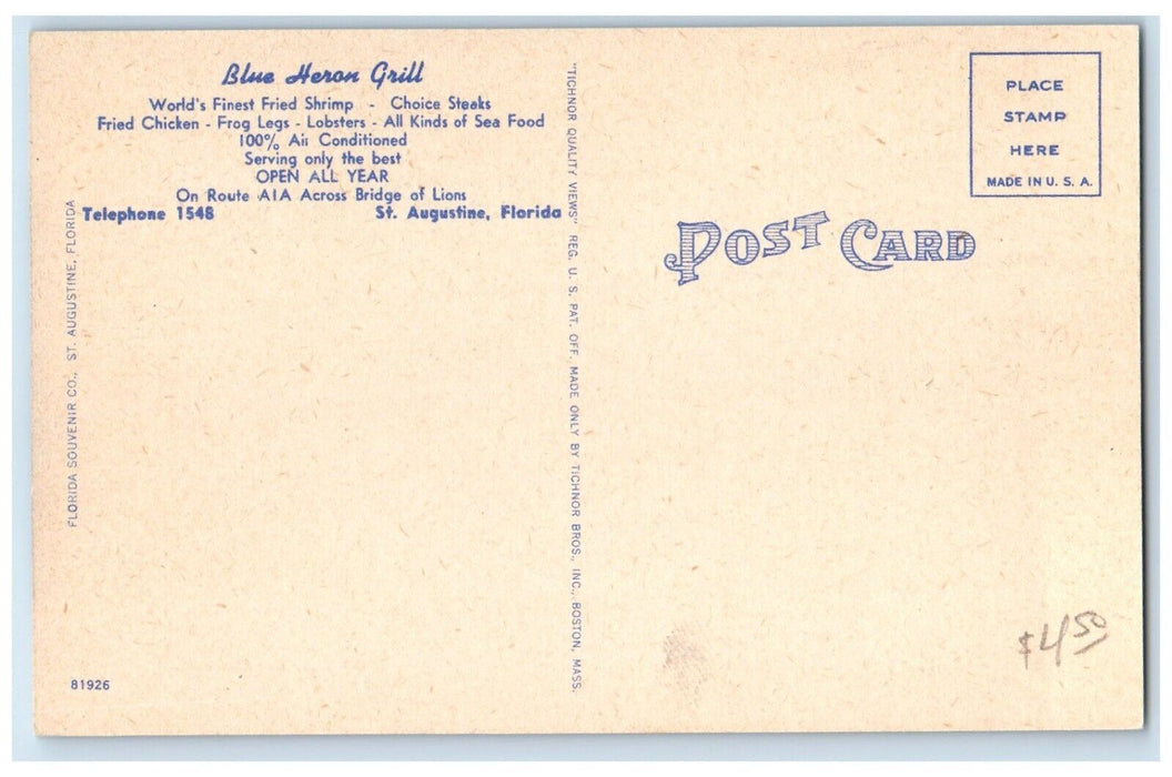 c1930's Blue Heron Grill Restaurant Roadside St. Augustine Florida FL Postcard