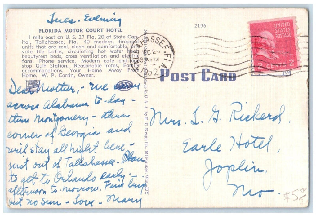 1952 Florida Motor Court Hotel Roadside Multiview Tallahassee FL Posted Postcard