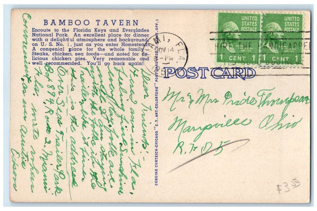 1951 Bamboo Tavern Roadside Enroute To Florida Keys Miami Florida FL Postcard
