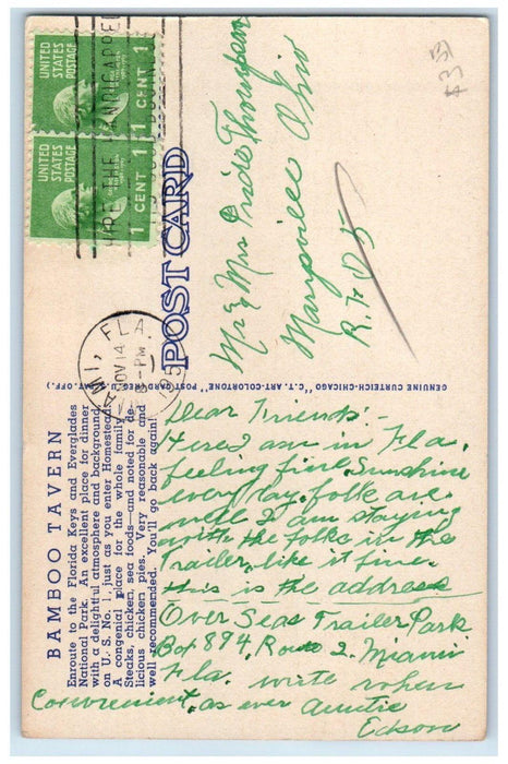 1951 Bamboo Tavern Roadside Enroute To Florida Keys Miami Florida FL Postcard