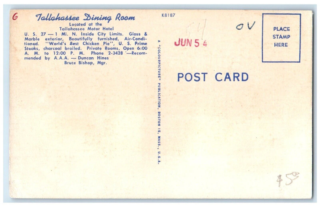 c1950's Tallahassee Dining Room Motor Hotel Cars Tallahassee Florida FL Postcard