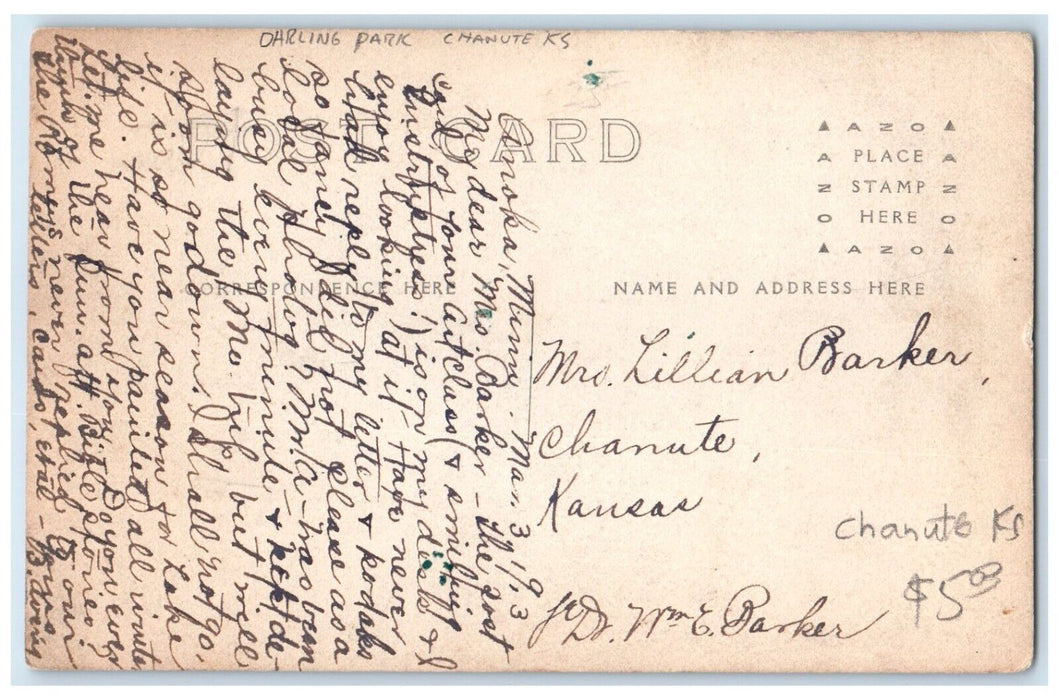 1913 View Of Darling Park Lake Chanute Kansas KS RPPC Photo Antique Postcard