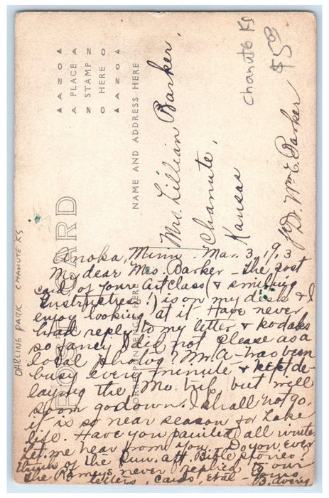 1913 View Of Darling Park Lake Chanute Kansas KS RPPC Photo Antique Postcard