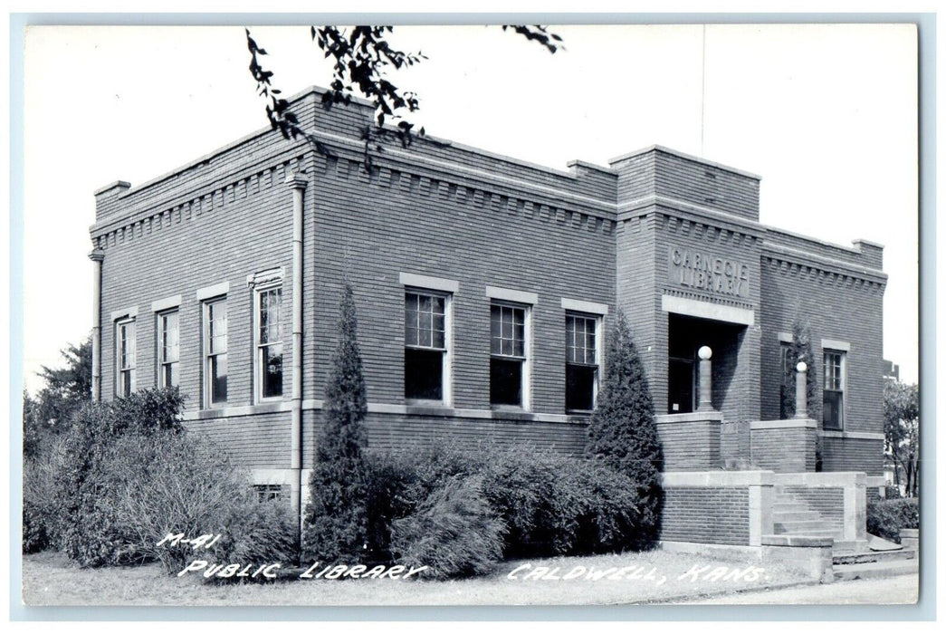 c1940's Carnegie Public Library Building Caldwell Kansas KS RPPC Photo Postcard