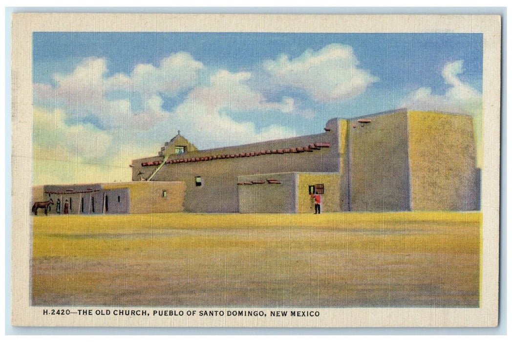 c1940 Old Church Pueblo Santo Domingo New Mexico NM Vintage Fred Harvey Postcard