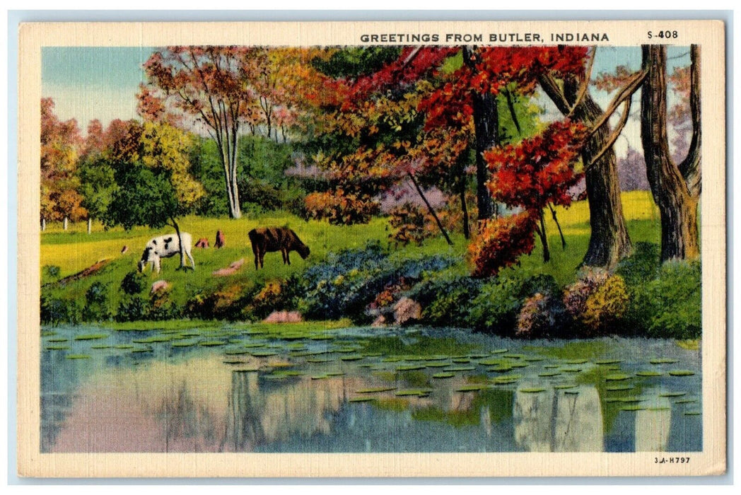 1939 Scenic View Animals River Trees Greetings From Butler Indiana IN Postcard