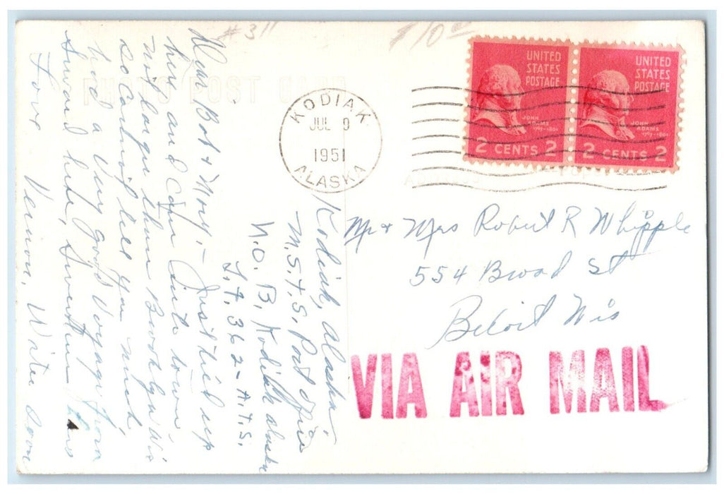 1951 Air Mail Kodiac Johnston Canoe Kodiak Alaska AK RPPC Photo Vintage Postcard