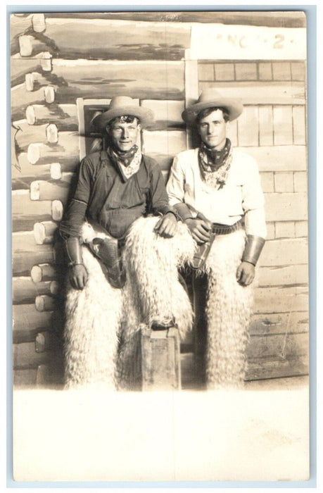 c1910's Cowboy Western Studio Wooly Chaps Bandanas RPPC Photo Antique Postcard