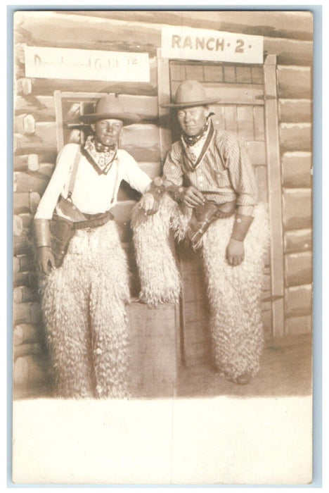 c1910's Cowboy Western Studio Wooly Chaps Bandanas Ranch 2 RPPC Photo  Postcard