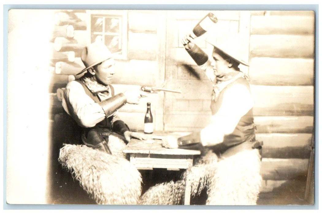 Cowboy Western Studio Wooly Chaps Bandanas Gun Fighting RPPC Photo Postcard