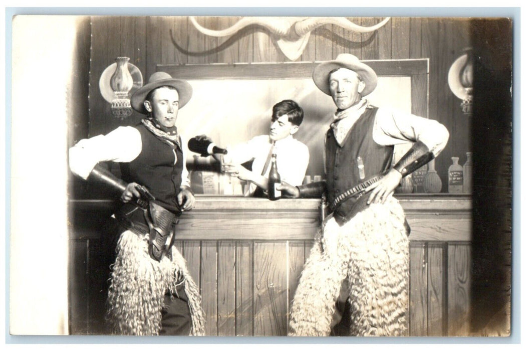 Cowboy Western Studio Wooly Chaps Bandanas Gun Saloon RPPC Photo Postcard