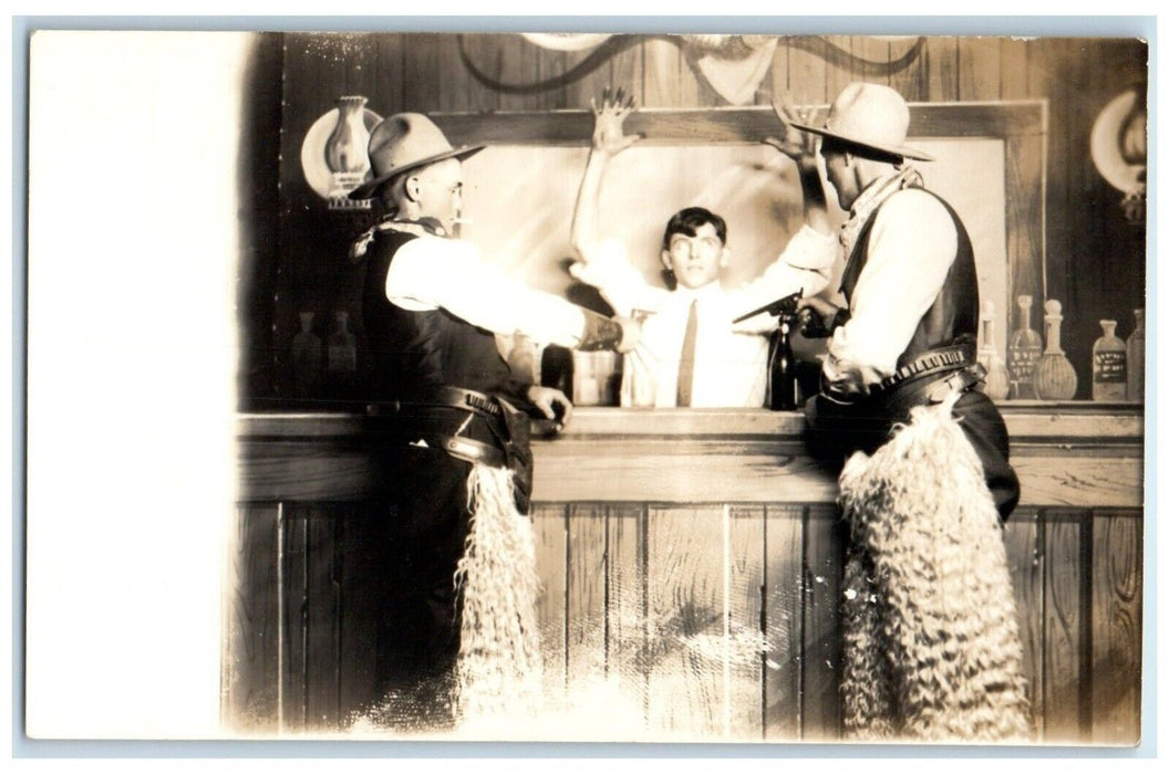Cowboy Western Studio Wooly Chaps Bandanas Gun Holdup RPPC Photo Postcard