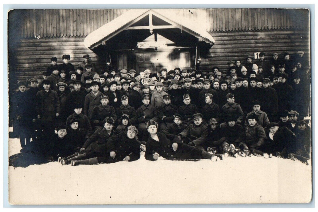 c1910's WW1 Soldiers Military Lodge Group Winter RPPC Photo Antique Postcard