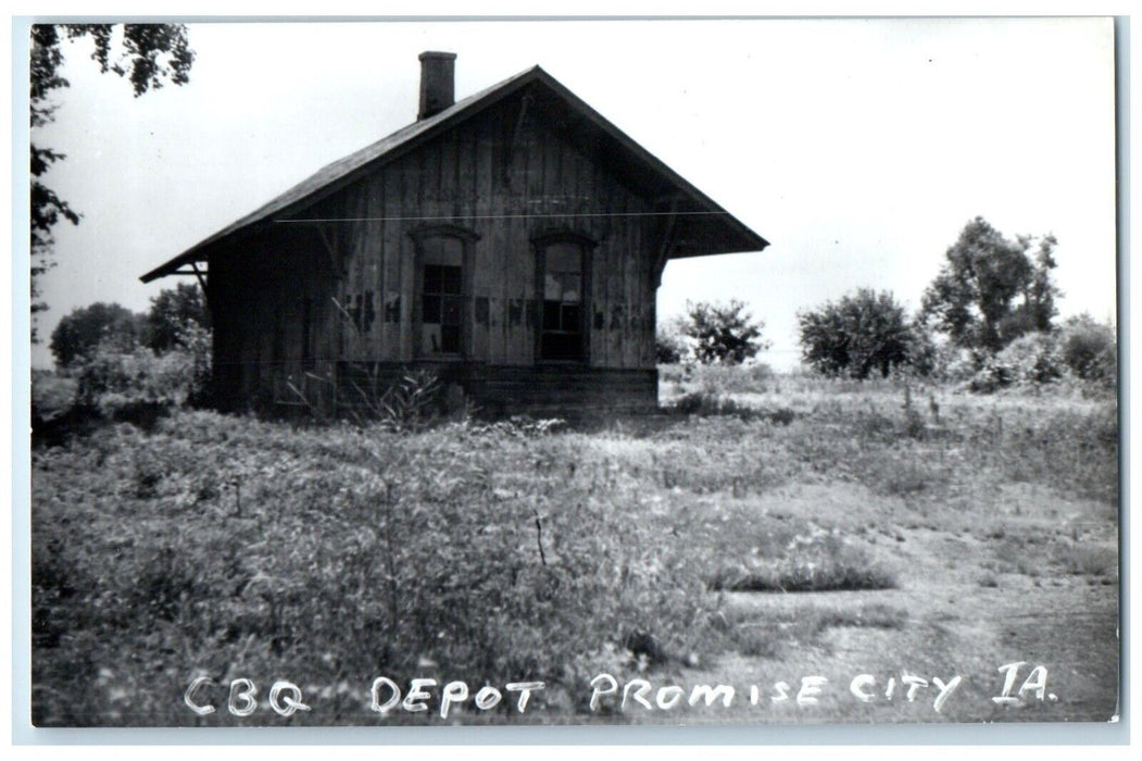 c1960 CBQ Promise City Iowa IA Railroad Train Depot Station RPPC Photo Postcard