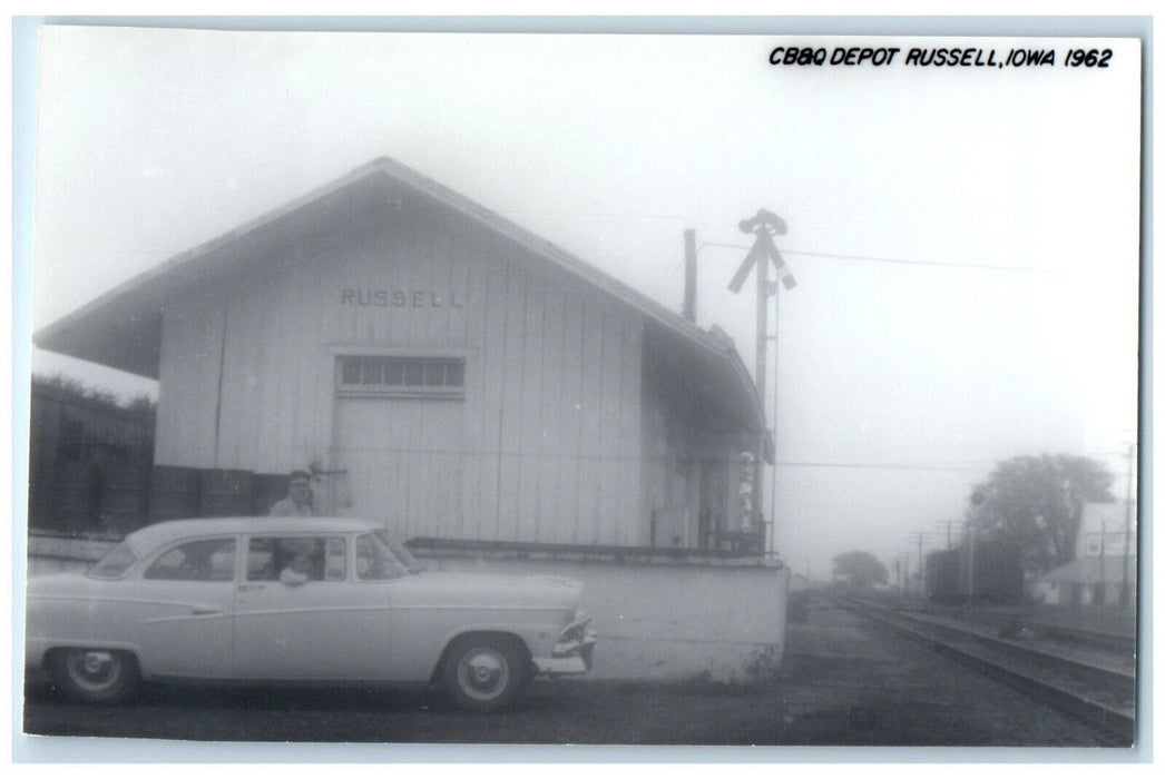c1962 CB&Q Depot Russell Iowa Railroad Train Depot Station RPPC Photo Postcard