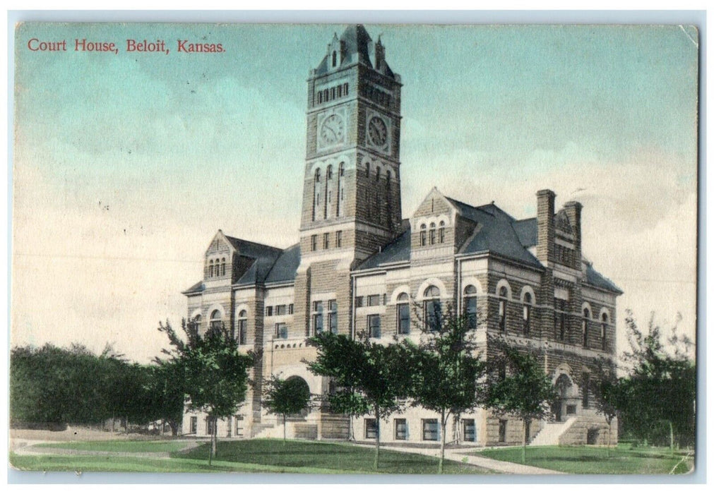 1910 Court House Building Clock Tower Beloit Kansas KS Antique Postcard
