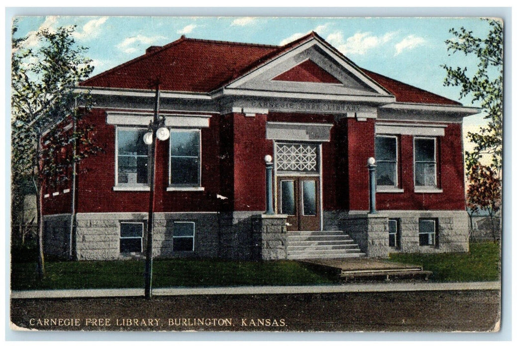c1930's Carnegie Free Library Building Burlington Kansas KS Antique Postcard